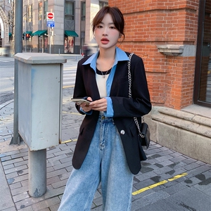 黑色拼接休闲西装外套女2023春季新款韩版小个子炸街洋气chic西服图片