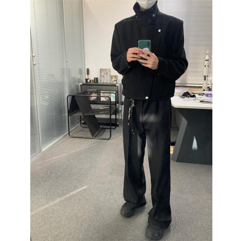 （现货）自制款纽扣斜拉链襟翻领垫肩短款夹克外套男,男装夹克,星座910A