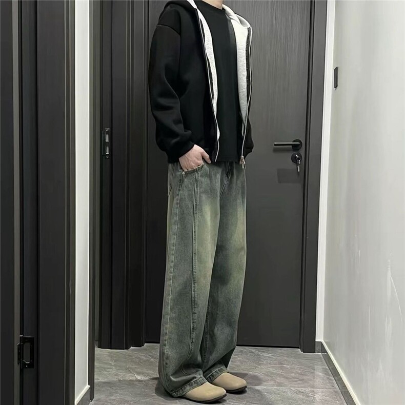 新款美式高街阔腿弯刀牛仔裤男生宽松直筒拖地长裤子LK11922-P45,男装牛仔裤,星座1008