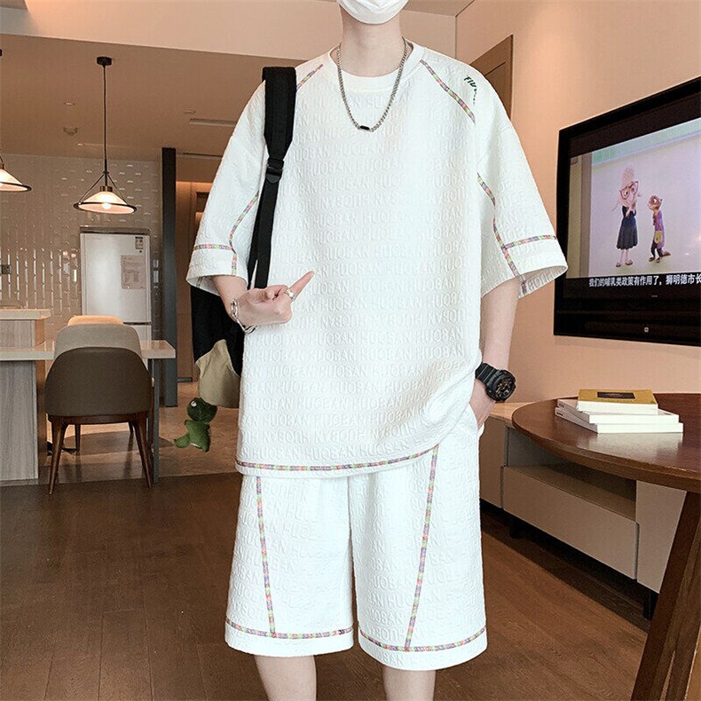 短袖套装男士夏季潮牌拼条压花套头休闲运动短裤套装，男装休闲套装，星座1206（原A206）