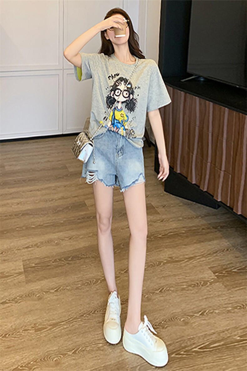 简约个性休闲时尚套装女夏季新款圆领短袖印花上衣牛仔短裤两件套,女装套装/套裙,江南
