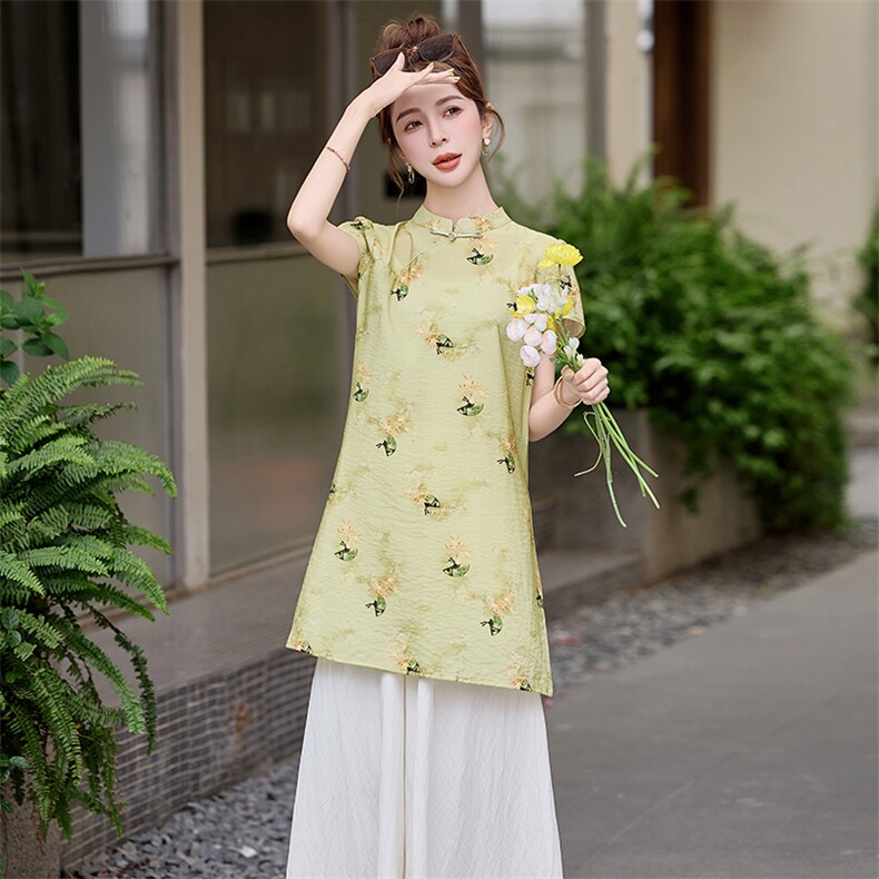 民族风欧根纱连衣裙女夏2025新款绣花复古旗袍套装裤宽松两件套,女装套装/套裙,芷墨服饰