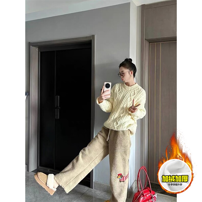 冬季美式刺绣羊羔毛棉裤男女情侣加绒加厚保暖宽松休闲阔腿长裤子，男装棉衣，电商A443