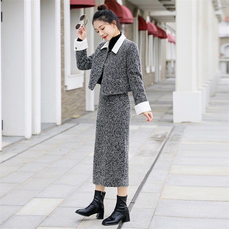 2024年冬季新款粗花呢短外套半身长裙高级感小香风羽绒套装,女装套装/套裙,曼娅璐