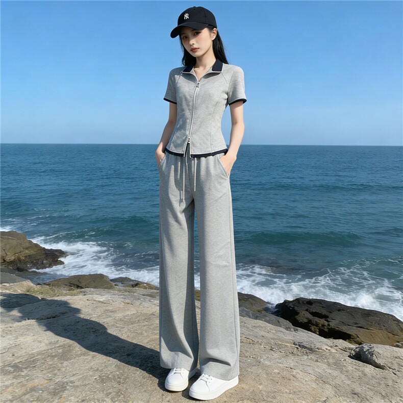 欧货时尚休闲运动套装女夏新款简约立领拼短袖上衣直筒长裤两件套,女装套装/套裙,江南