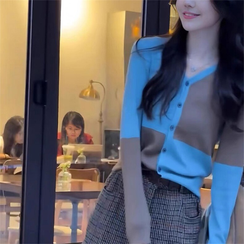 时尚撞色拼接羊毛开衫显瘦百搭长袖针织衫,女装羊毛衫,泰沅羊绒