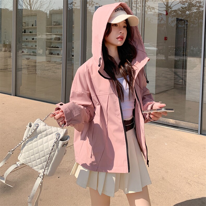 粉色连帽冲锋衣女2025春秋季新款小个子甜美减龄休闲夹克短外套,女装短外套,辉之琳
