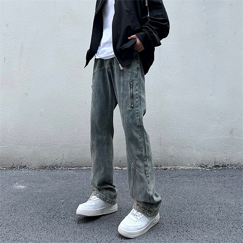 美式高街vibe风直筒长裤欧美痞帅男hiphop复古水洗牛仔裤图片