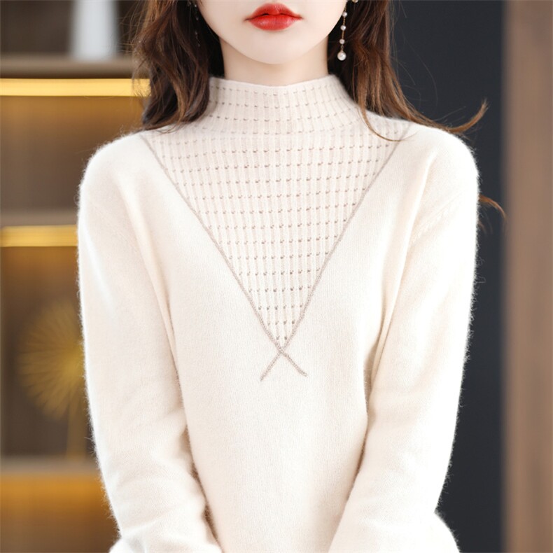 女2024秋冬新款洋气小众设计感无钢圈坑条羊毛内搭长袖短款,女装羊毛衫,佑昭祥羊绒