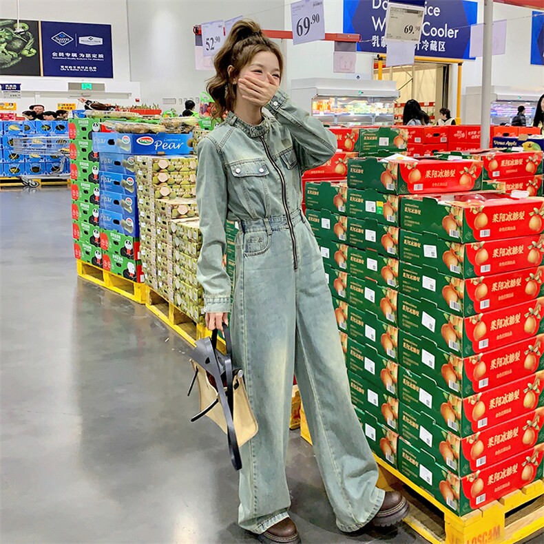 （新款现货）2026春装时尚休闲复古色立领拉链工装阔腿牛仔连体裤，女装连体裤，印象茜