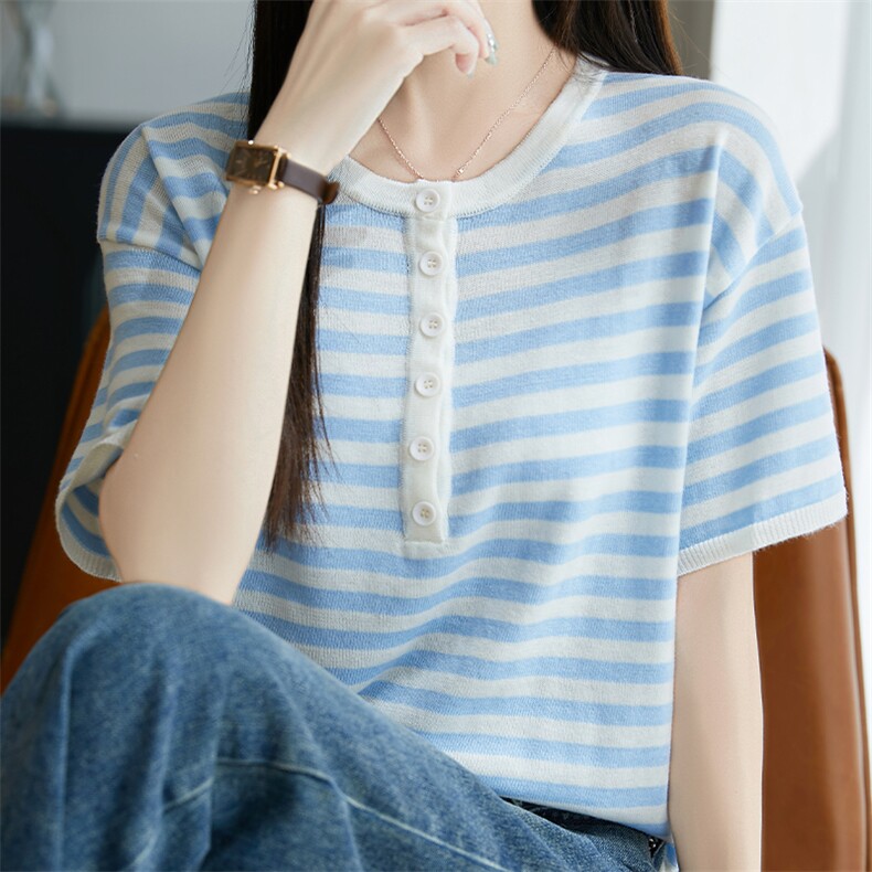 桑蚕丝羊毛条纹针织短袖T恤女夏季圆领拼色纽扣上衣宽松半袖打底,针织衫/毛衣,唐诺