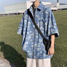 夏季新款复古做旧上衣情侣牛仔花朵衬衫男短袖衬衣W3427-P50，男装衬衫，星座512-2