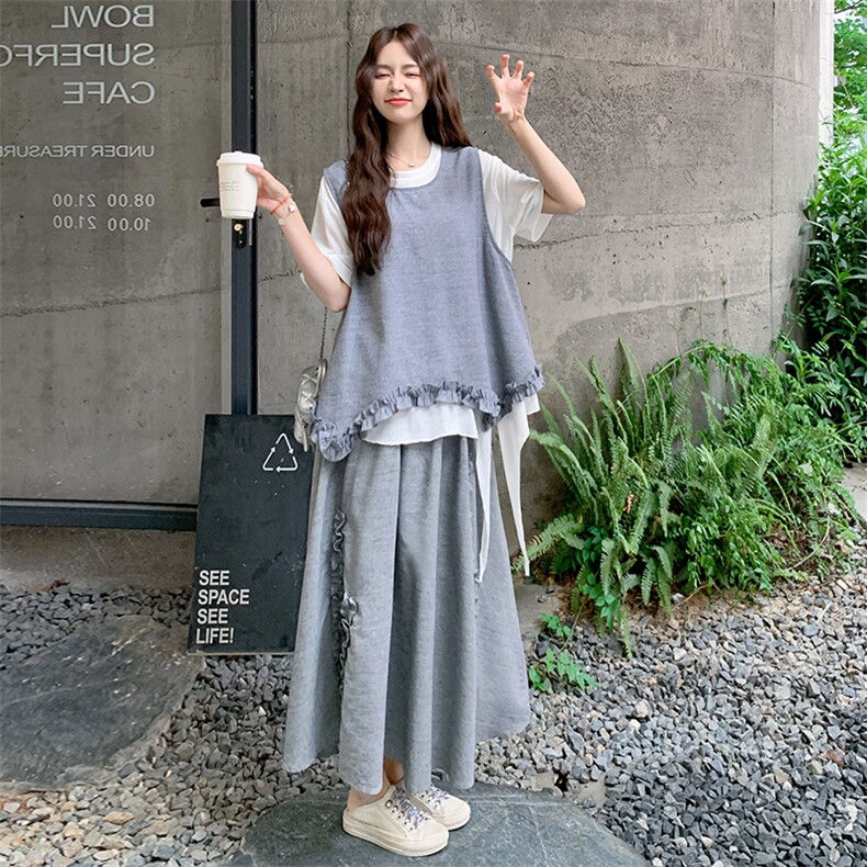 韩版木耳边无袖背心短袖半身裙套装女2025夏季新款减龄显瘦三件套,女装套装/套裙,2C260