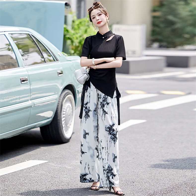 新中式国风套装女2024夏季新款高级感改良旗袍水墨画阔腿裤两件套,女装套装/套裙,芷墨服饰