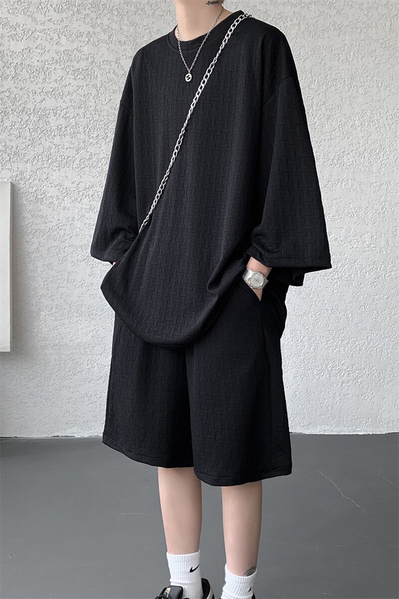 8XL-M高级感纹理短袖套装男夏季慵懒风T恤短裤两件套TZ108P78,男装牛仔裤,电商D206-1
