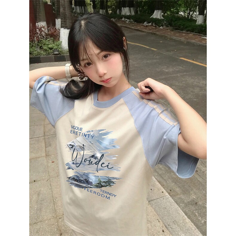 抖音得物品质二开240克宽松纯棉美式潮牌插肩三杠织带短袖T恤,男装T恤,电商A486
