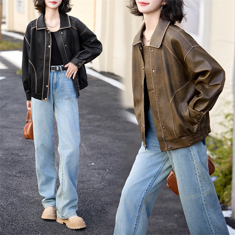 复古擦色做旧棕色皮衣女春秋2024新款美式甜酷机车PU皮夹克短外套，女装皮衣，江南女神