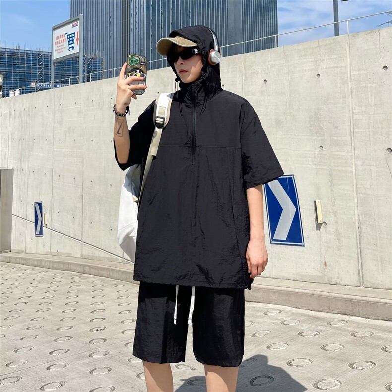 夏季两件套装冰丝速干半拉链短袖连帽衬衣男休闲宽松薄款工装短裤,男装牛仔裤,星座410-7