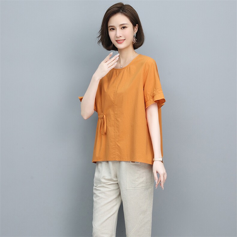2023夏季纯棉简约气质圆领宽松时尚休闲显瘦舒适上衣,女装衬衫,独衣靓