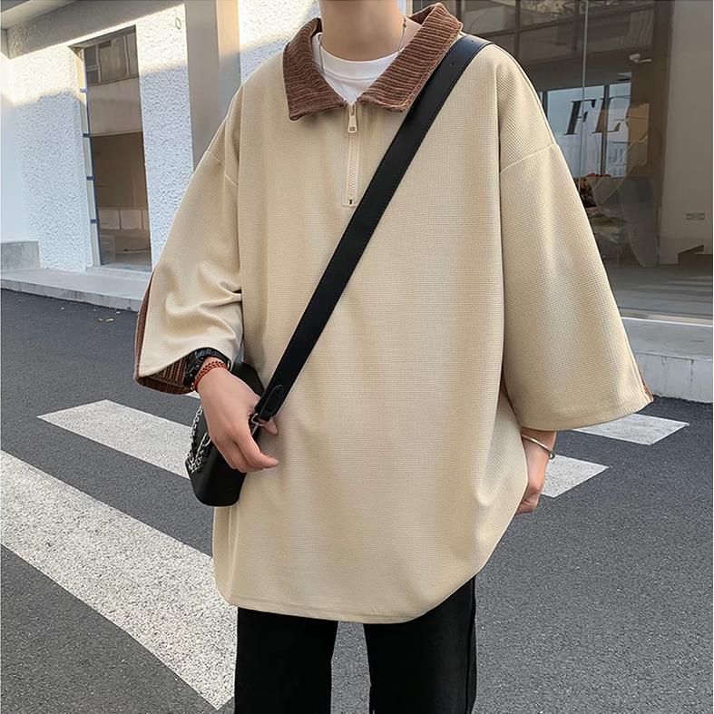 撞色polo衫男款美式半拉链卫衣短袖夏季正肩七分袖t恤T213,男装卫衣,星座1116A-1（原606A）