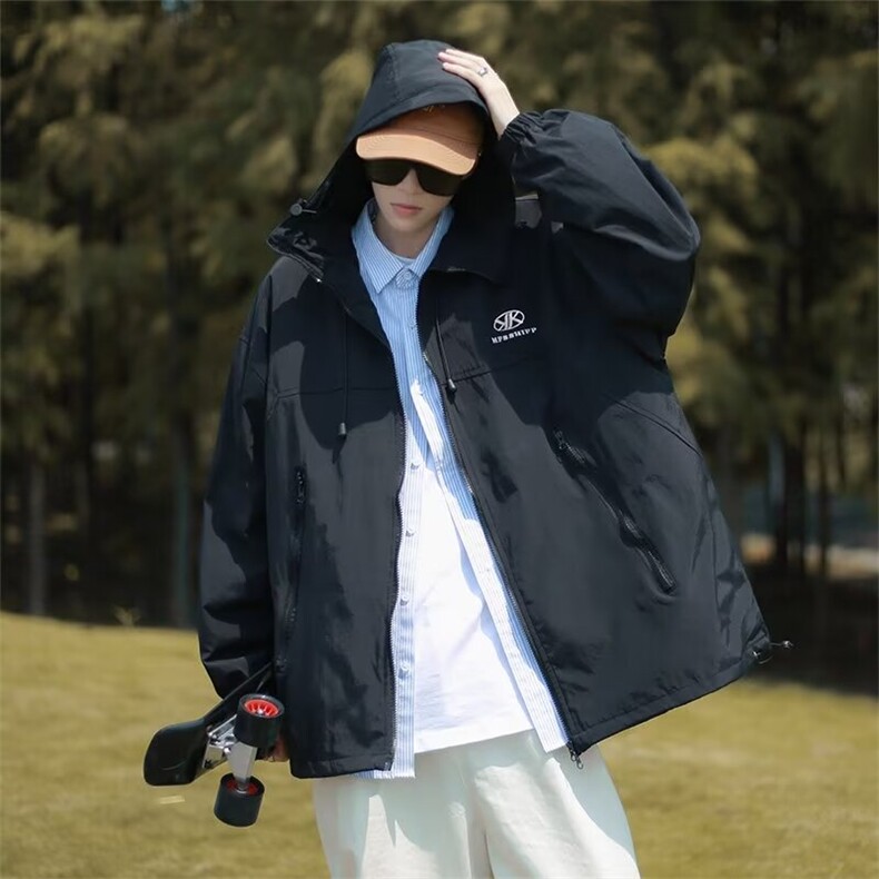 痞帅运动oversize冲锋衣外套男春季男简约休闲连帽夹克 JK8819图片