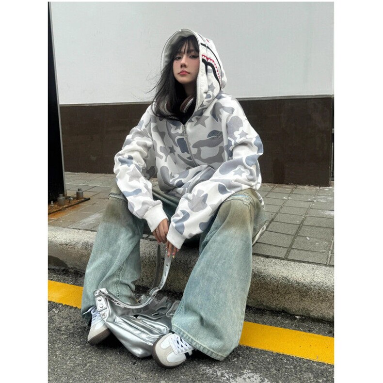 美式高街双帽迷彩鲨鱼卫衣外套女冬hiphop潮牌情侣帽衫WB375-P49，男装卫衣，星座412-3