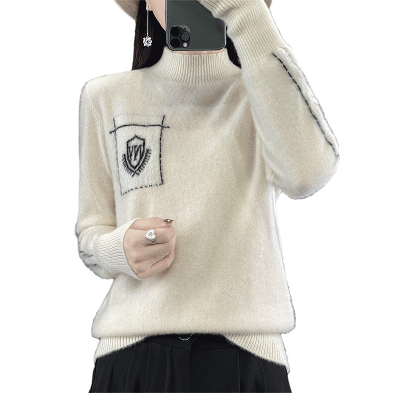 新款羊毛衫女半高领套头秋冬加厚宽松大码短款毛衣针织打底衫,女装羊毛衫,蒙特羊绒