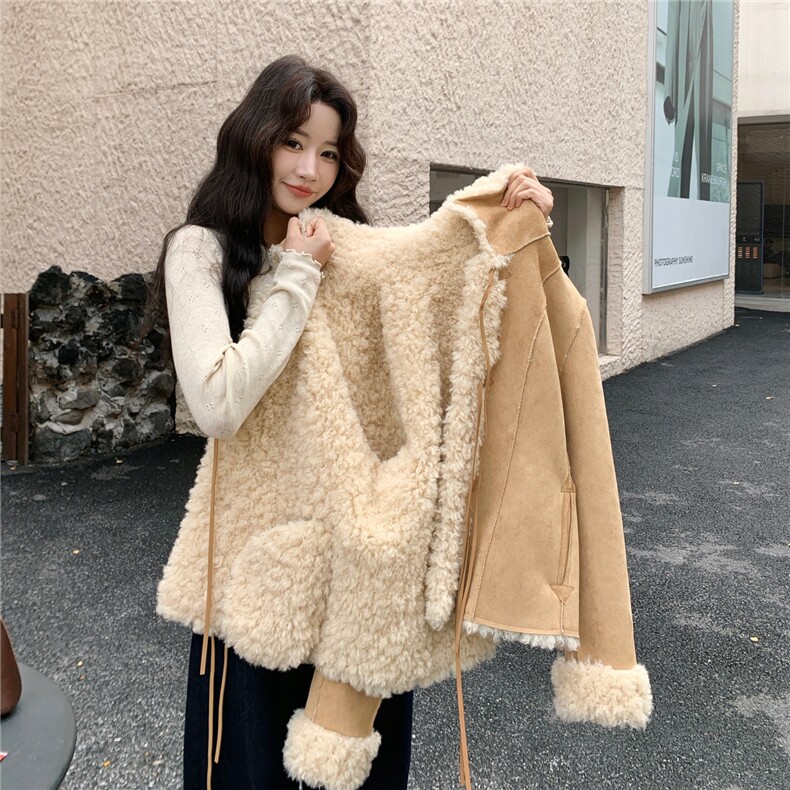 卡其色软糯羊羔毛外套女2025冬季日系蝴蝶结绑带皮毛一体保暖上衣,女装皮草,2B218