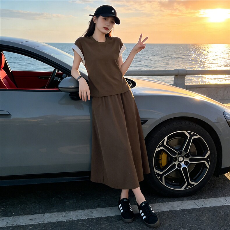 设计感时尚气质套装裙女夏新款圆领撞色拼接上衣开叉半身裙两件套,女装套装/套裙,江南