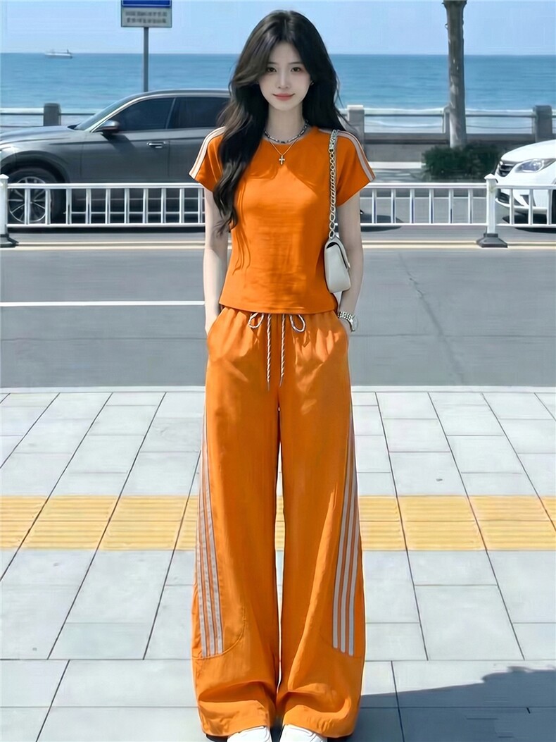 港风炸街休闲运动套装女夏洋气显瘦修身圆领短袖上衣长裤两件套潮,女装套装/套裙,江南