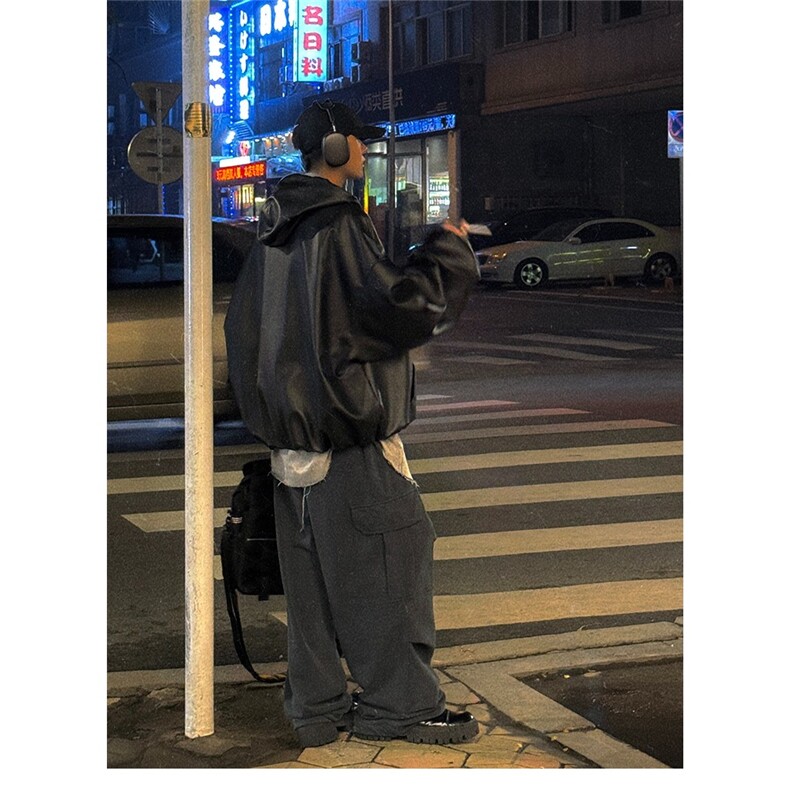 短款连帽皮衣外套男2025新款韩版廓形高级感宽松百搭风衣PU皮夹克,男装风衣,星座1210-1