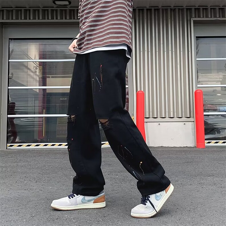 潮流美式泼墨直筒弯刀裤男士夏季款宽松复古休闲裤潮牌宽松直筒裤,男装休闲裤,星座506A