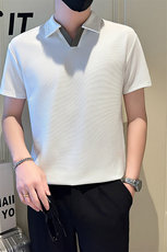 店主风社会小伙男士拼色V领POLO衫男休闲T恤301A-1/PL105/P48，男装T恤，星座301A-1
