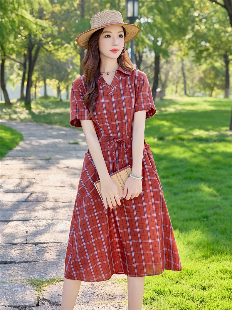 6309时尚翻领格纹抽绳显瘦连衣裙,女装连衣裙,倪叶myz
