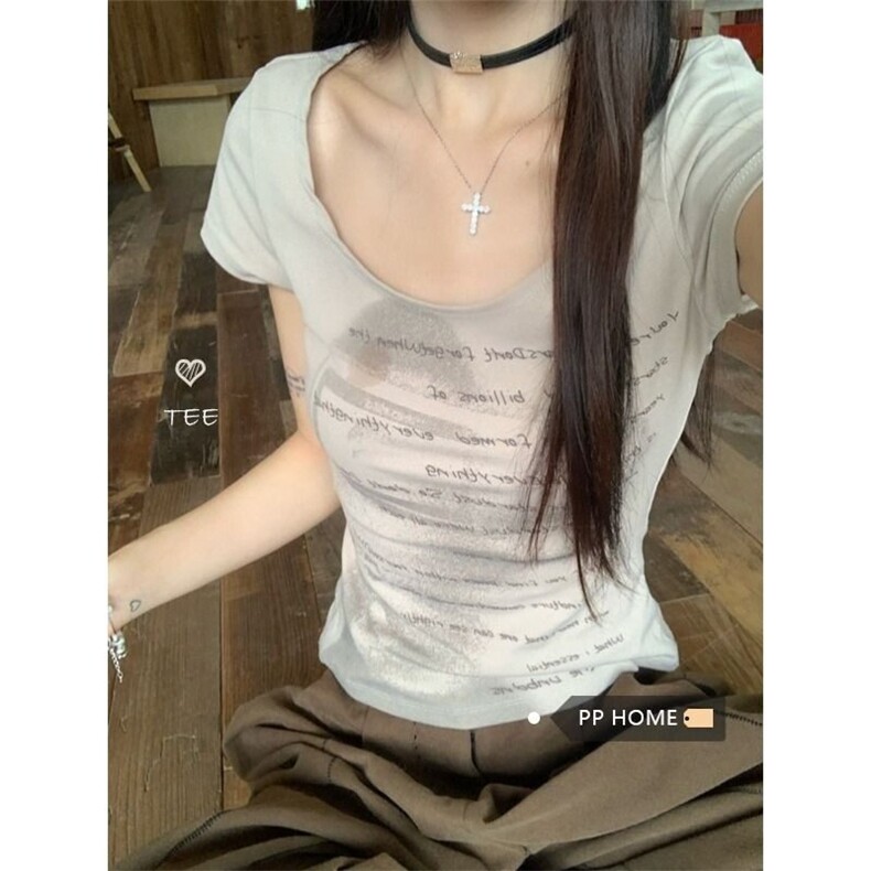 美式复古字母人像印花短袖t恤女夏季修身显瘦甜辣妹正肩短款上衣，女装T恤，星座506A