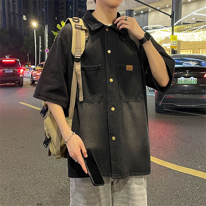 夏季水洗牛仔短袖衬衫男休闲同款宽松港风衬衣,男装衬衫,星座410-7