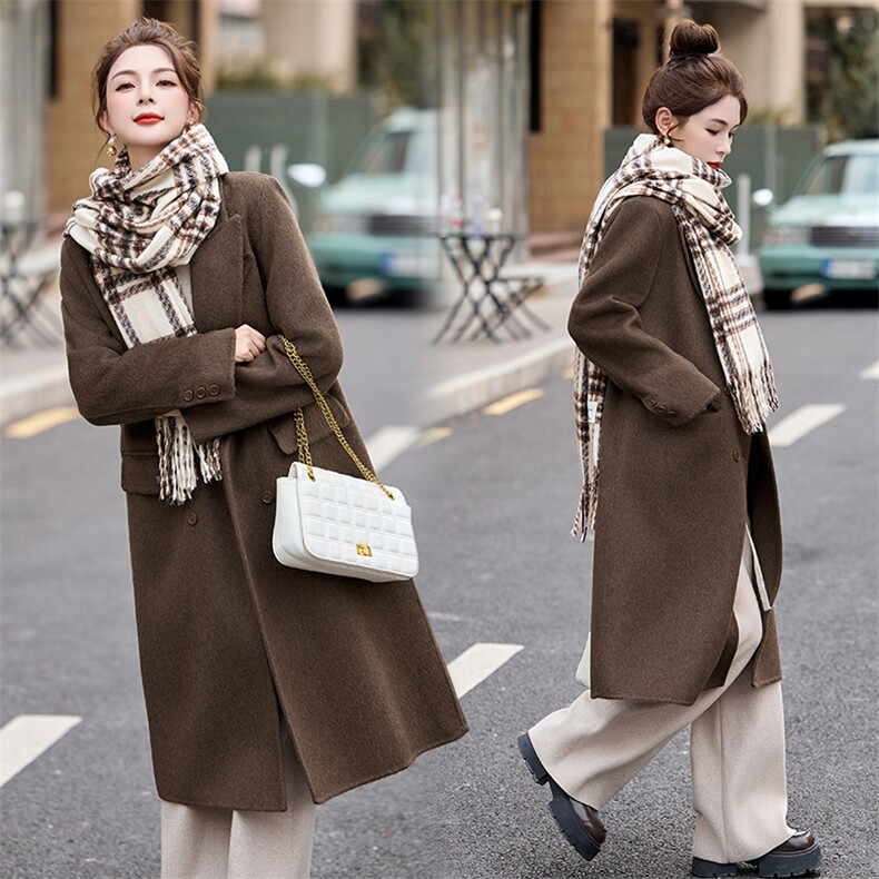 2024年秋冬季新款现货双面呢大衣时尚气质双排扣通勤保暖外套，女装双面呢大衣，关键词