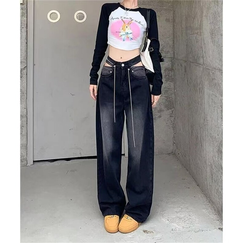 美式阔腿牛仔裤女宽松春秋新款辣妹高腰设计感显瘦百搭拖地裤子潮,男装牛仔裤,星座506A