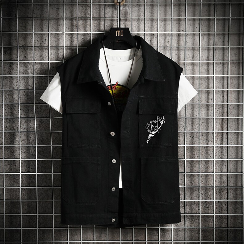 MJ257-50-控78 M-5XL 牛仔大码网格马甲男工装ins无袖外穿潮牌图片