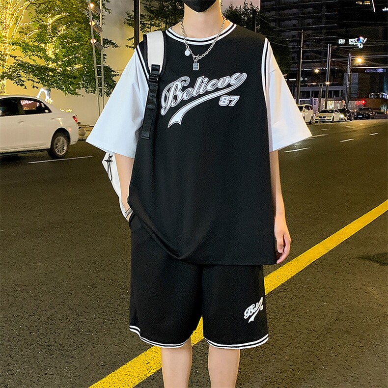 夏季短袖T恤套装纯棉宽松潮流运动篮球服男两件套男装F312P60控89图片
