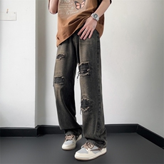 港风潮男夏季新款牛仔裤嘻哈ins潮高街潮流痞帅长裤N02002-P45，男装牛仔裤，星座308B-1