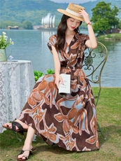 2026夏装新款简约时尚印花系带连衣裙，女装连衣裙，美沁