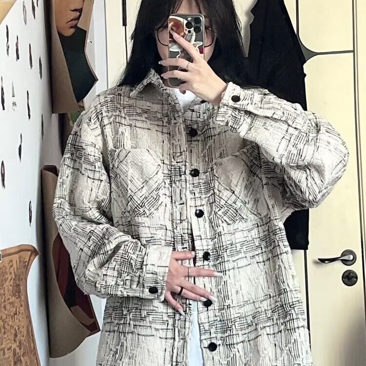 720-P50潮嘻哈小香风格子翻领外套男女秋季休闲百搭高级感,男装T恤,电商B323A