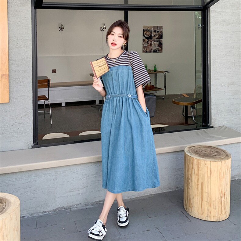 法式气质条纹拼接牛仔连衣裙女2025夏季新款韩版收腰显瘦减龄长裙,女装连衣裙,辉之琳