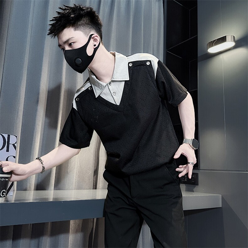 重磅特殊面料拼接短袖polo衫男高级社会小伙301C-PL25-特P58控88图片