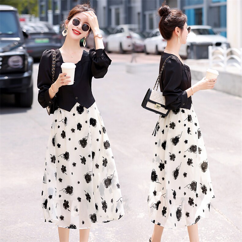 秋季长袖碎花假两件连衣裙女装春秋款气质小清新显瘦遮肚内搭裙子，女装连衣裙，丽美静依