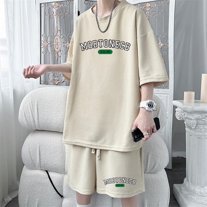 时尚运动t恤套装男款夏季华夫格短袖短裤两件套潮牌休闲一套搭配,男装牛仔裤,星座1904A-1