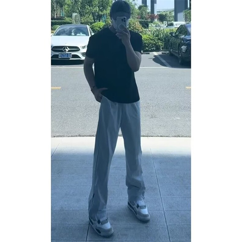 美式侧拉链冰皮速干裤男秋cleanfit弯刀裤子弹力微喇裤K6604-P47,男装皮裤,星座412-1