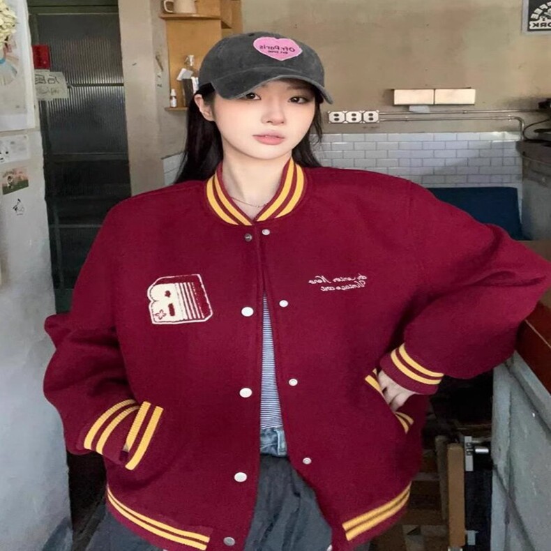 美式复古红色棒球服女春秋加厚字母刺绣新年战袍夹克外套宽松上衣,女装卫衣/绒衫,星座218-8