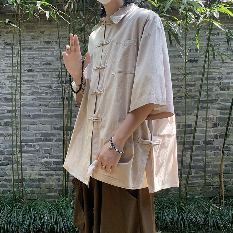 CS7122-P45特控78大码凉爽新中式侧面开衩盘扣复古衬衫外套,男装衬衫,电商D232
